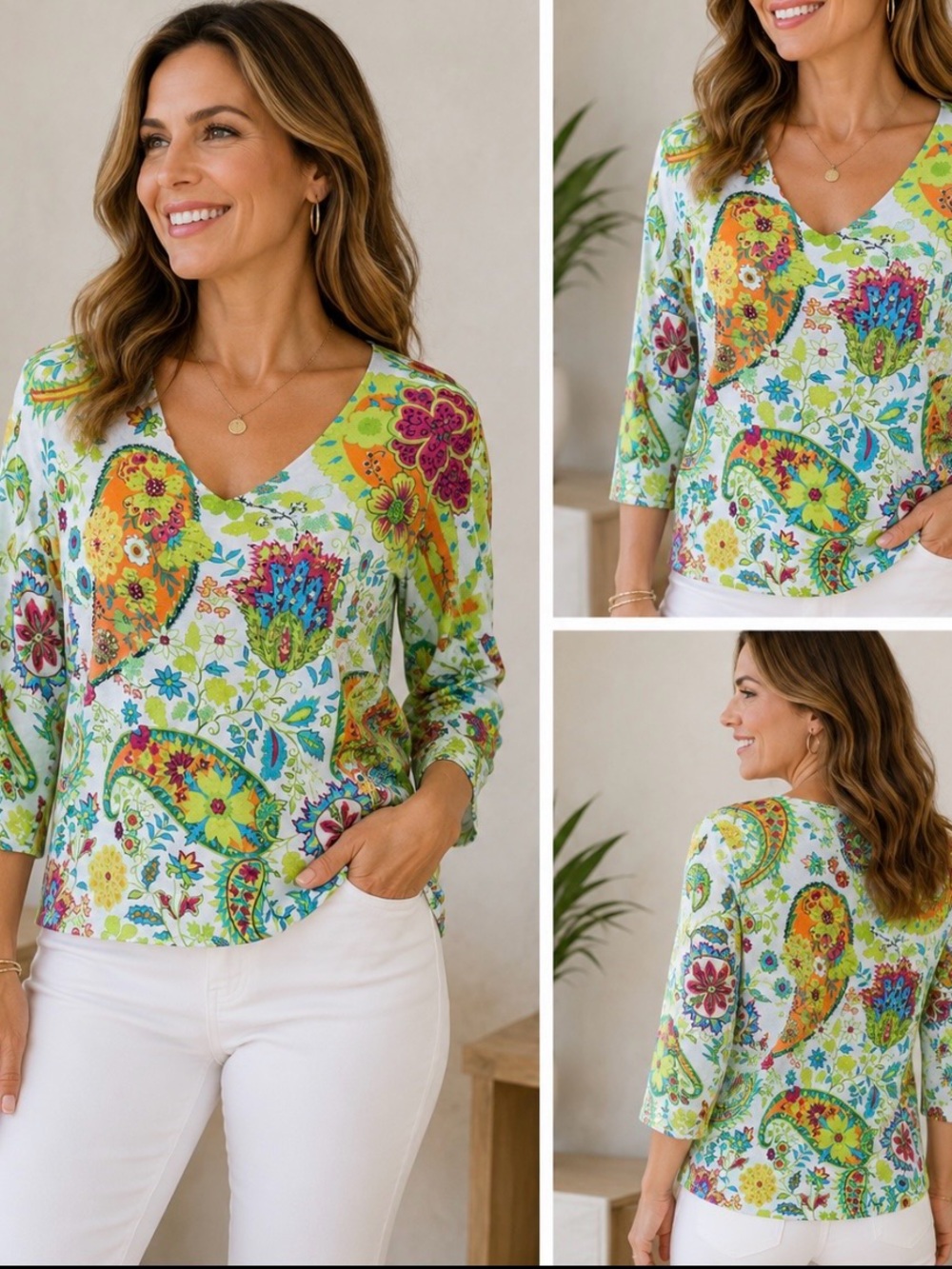 More Conception XL Paisley Floral 3/4 Sleeve V-Neck Knit Top Colorful